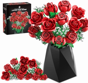 Red Rose Bouquet Building Set, 960PCS Roses Flowers Artificial Flowers Botanical Collection Blocks Kit for Adults Women Gift for Valentines & Mother's Day Home Decor Flower Decorations
