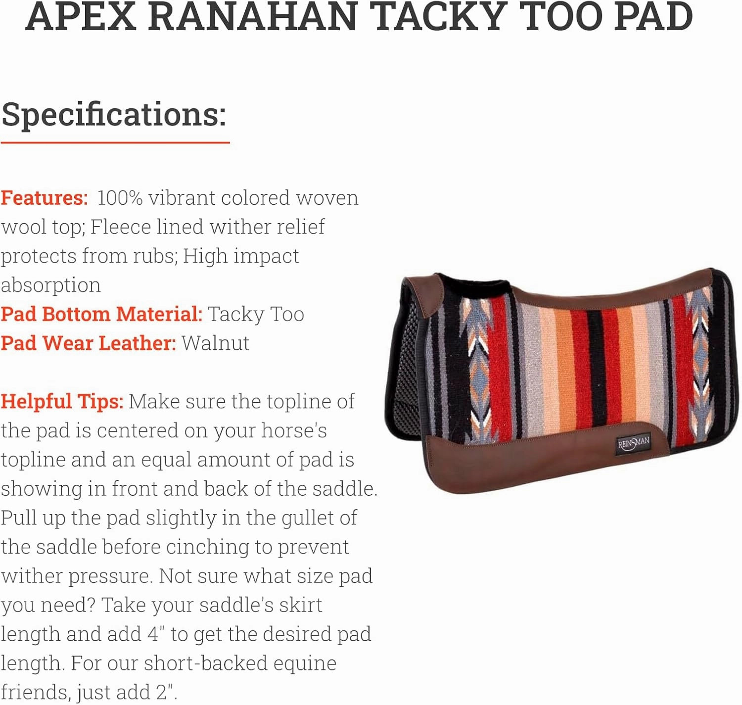 Reinsman APEX Ranahan Tacky Too Soft Breathable Non-Slip Shock-Absorbing Fleece-Lined Moisture-Wicking Contoured Back Protection Horse Riding Saddle Pad