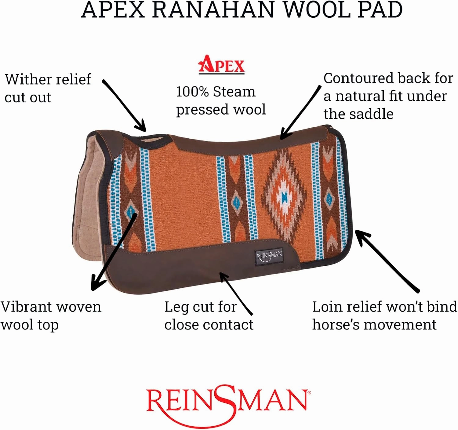 Reinsman APEX Ranahan Wool Soft Breathable Shock-Absorbing Fleece-Lined Moisture-Wicking Contoured Back Protection Wither Relief Horse Riding Saddle Pad