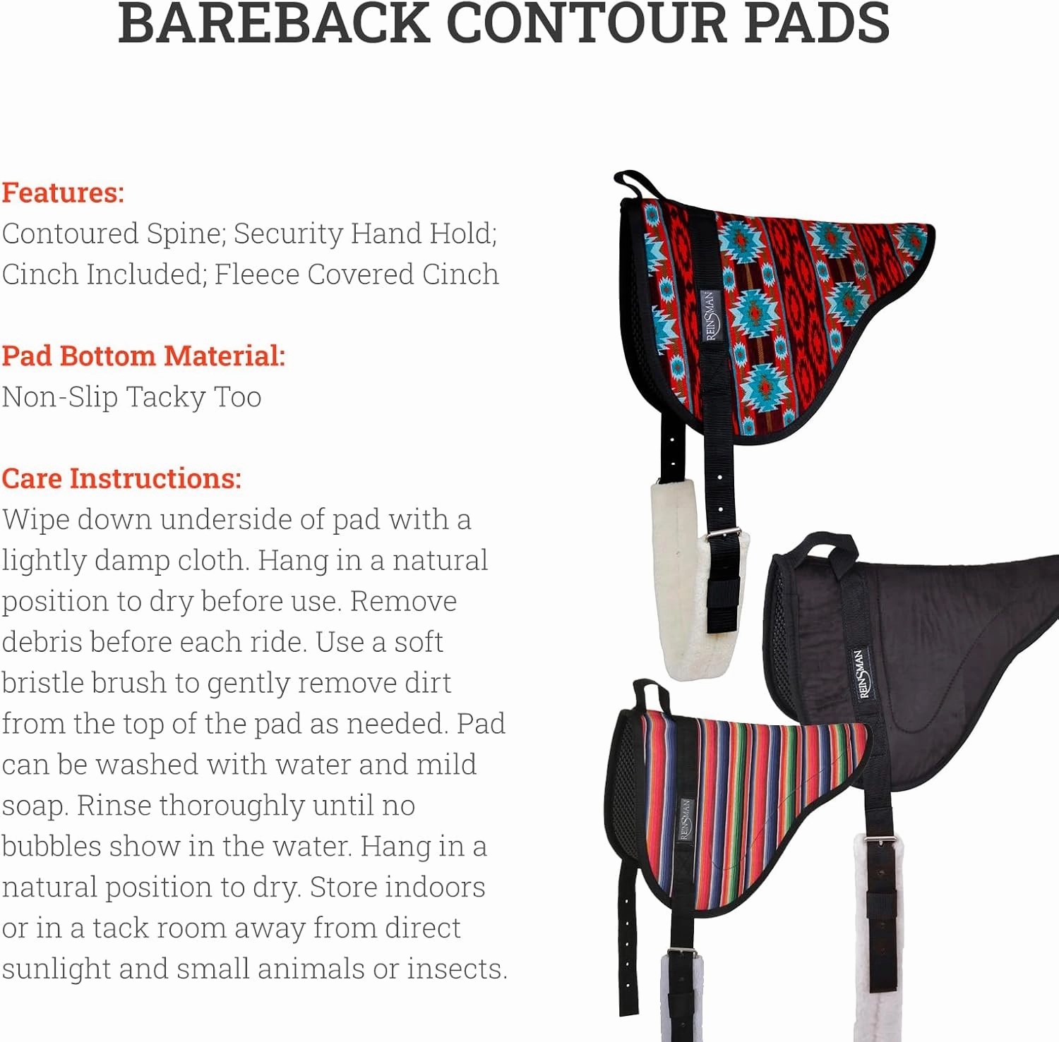 Reinsman Bareback Controur Non-Slip Tacky Too Soft Breathable Felt-Lined Shock-Absorbing Contoured Spine Horse Riding Pad, Security Hand Hold, Fleece Cinch