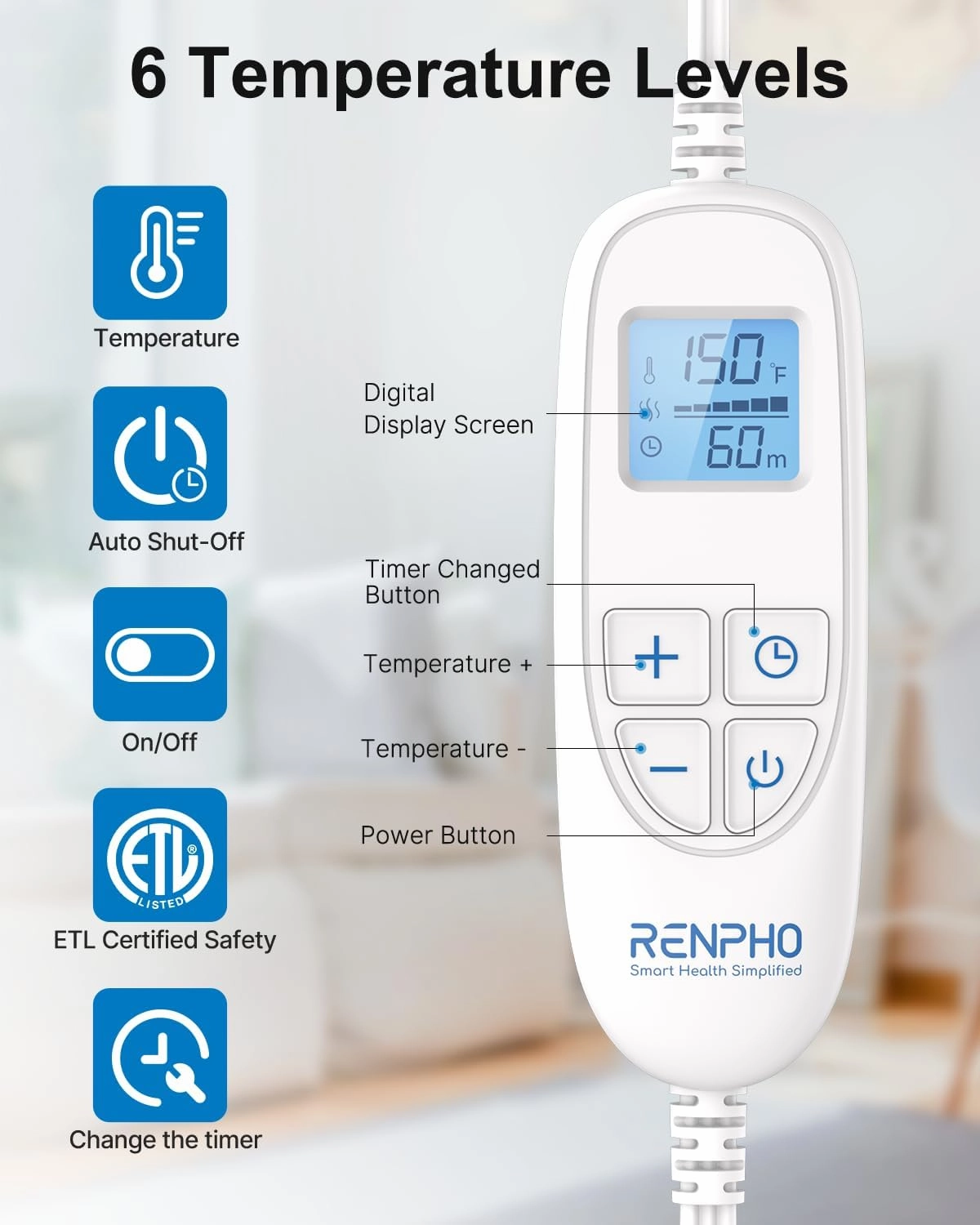 RENPHO Father's Day Gifts for Dad, Heating Pad for Neck and Shoulders and Back Pain Relie, Birthday Gifts for Women Men, FSA HSA Eligible, 24"x33" Electric Heat Pad, Auto Shut Off, ETL Certified Blue