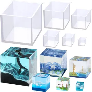 RESINWORLD Set of 4, 3", 2", 1.5", 1", 0.5" Clear Silicone Cube Molds, Large Deep Square Epoxy Resin Mold, Transparent Cube Silicone Molds for Resin Casting