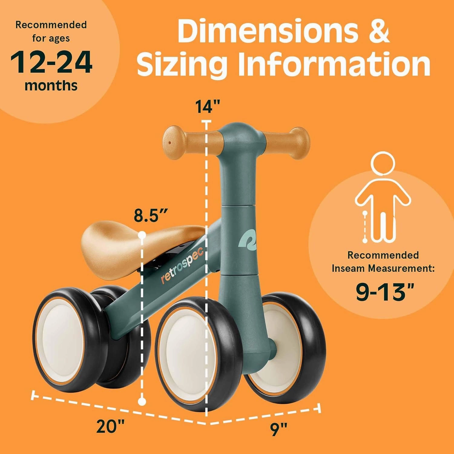 Retrospec Cricket 2 Baby Walker Balance Bike with 4 Wheels for Ages 12-24 Months - First Birthday Gift Toddler Bicycle Toy for 1 Year Old’s - Ride On Toys for Boys & Girls