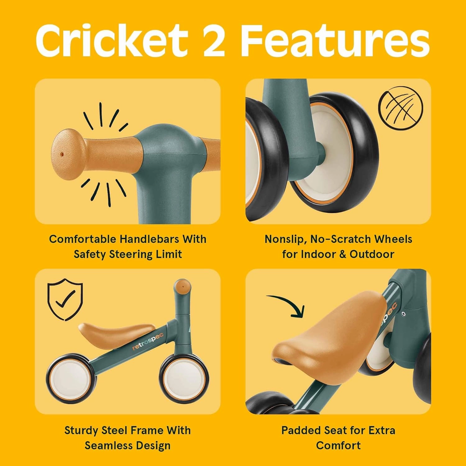 Retrospec Cricket 2 Baby Walker Balance Bike with 4 Wheels for Ages 12-24 Months - First Birthday Gift Toddler Bicycle Toy for 1 Year Old’s - Ride On Toys for Boys & Girls