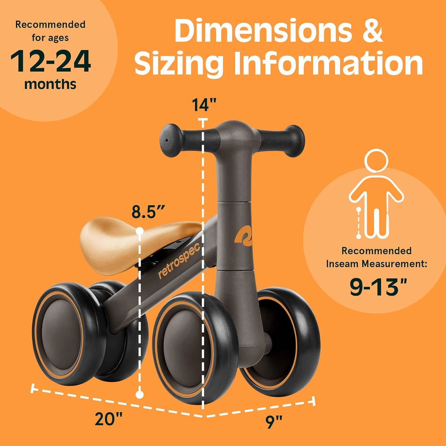 Retrospec Cricket 2 Baby Walker Balance Bike with 4 Wheels for Ages 12-24 Months - First Birthday Gift Toddler Bicycle Toy for 1 Year Old’s - Ride On Toys for Boys & Girls