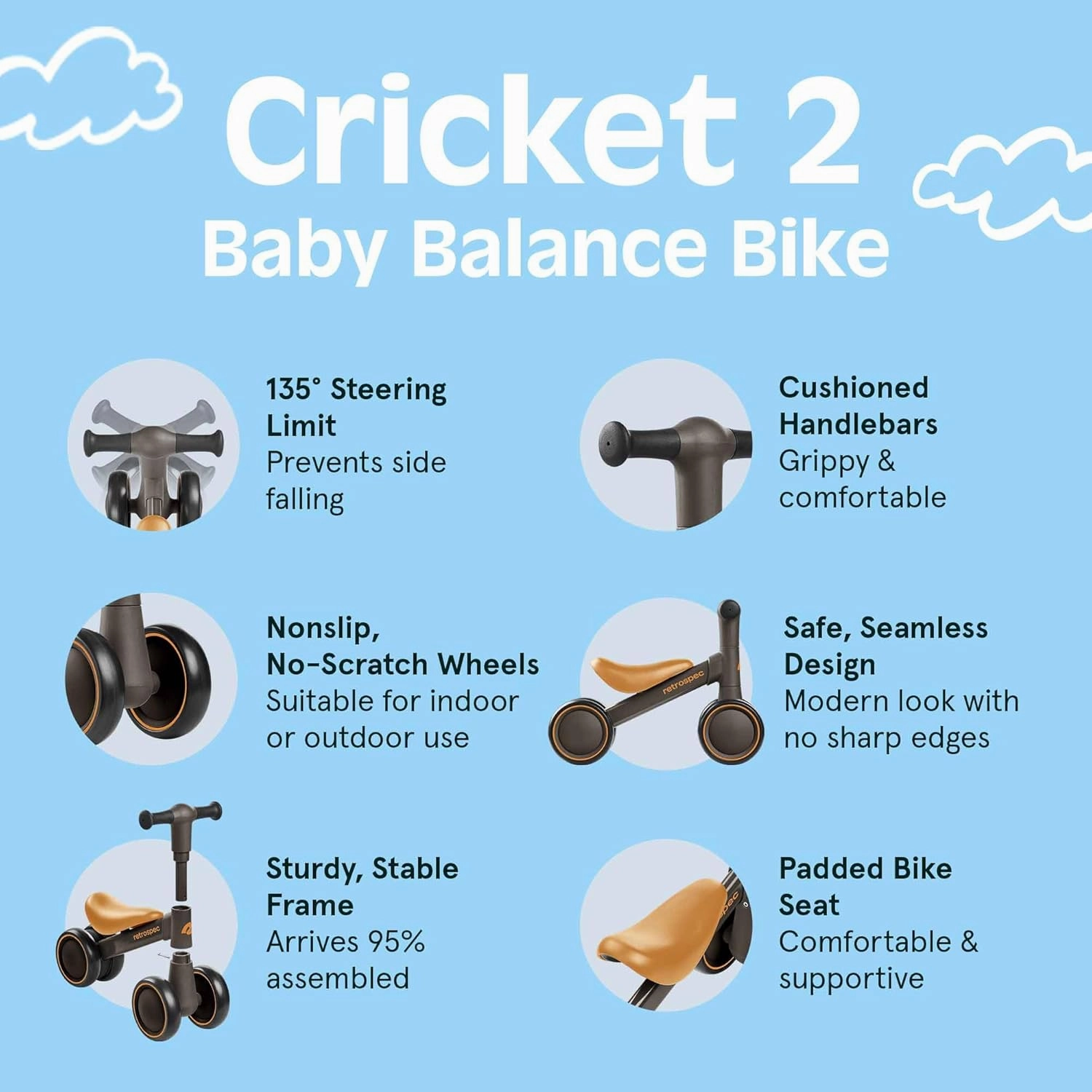 Retrospec Cricket 2 Baby Walker Balance Bike with 4 Wheels for Ages 12-24 Months - First Birthday Gift Toddler Bicycle Toy for 1 Year Old’s - Ride On Toys for Boys & Girls