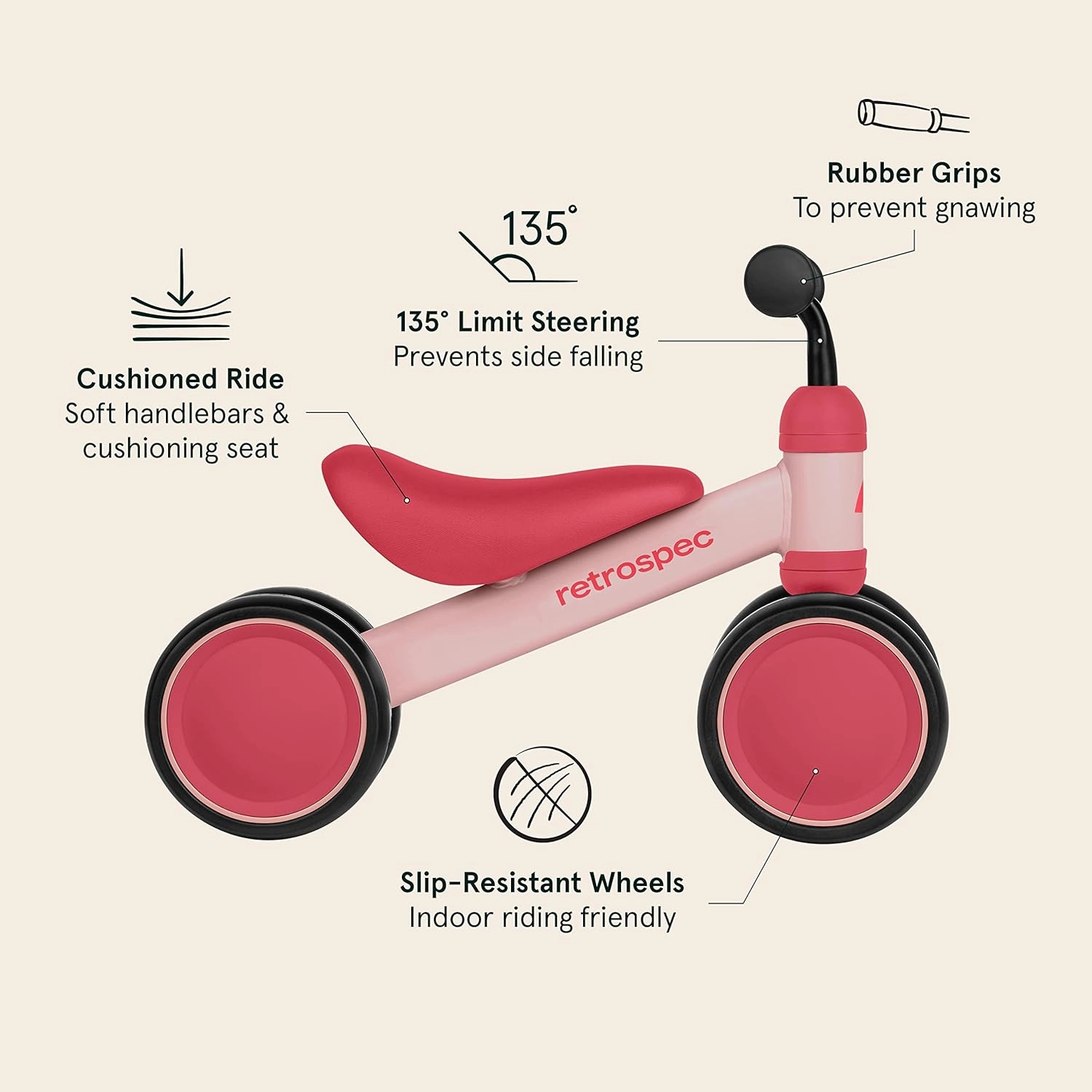 Retrospec Cricket Baby Walker Balance Bike with 4 Wheels for Ages 12-24 Months - Toddler Bicycle Toy for 1 Year Old’s - Ride On Toys for Boys & Girls