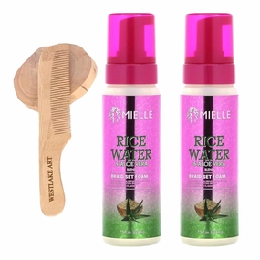 Rice Water & Aloe Vera Braid Set Foam, 8 Fl Oz - Hydrates & Strengthens Hair, Lightweight, Non-Greasy Formula For Braids - Bundle Wooden Comb [Pack Of 2]