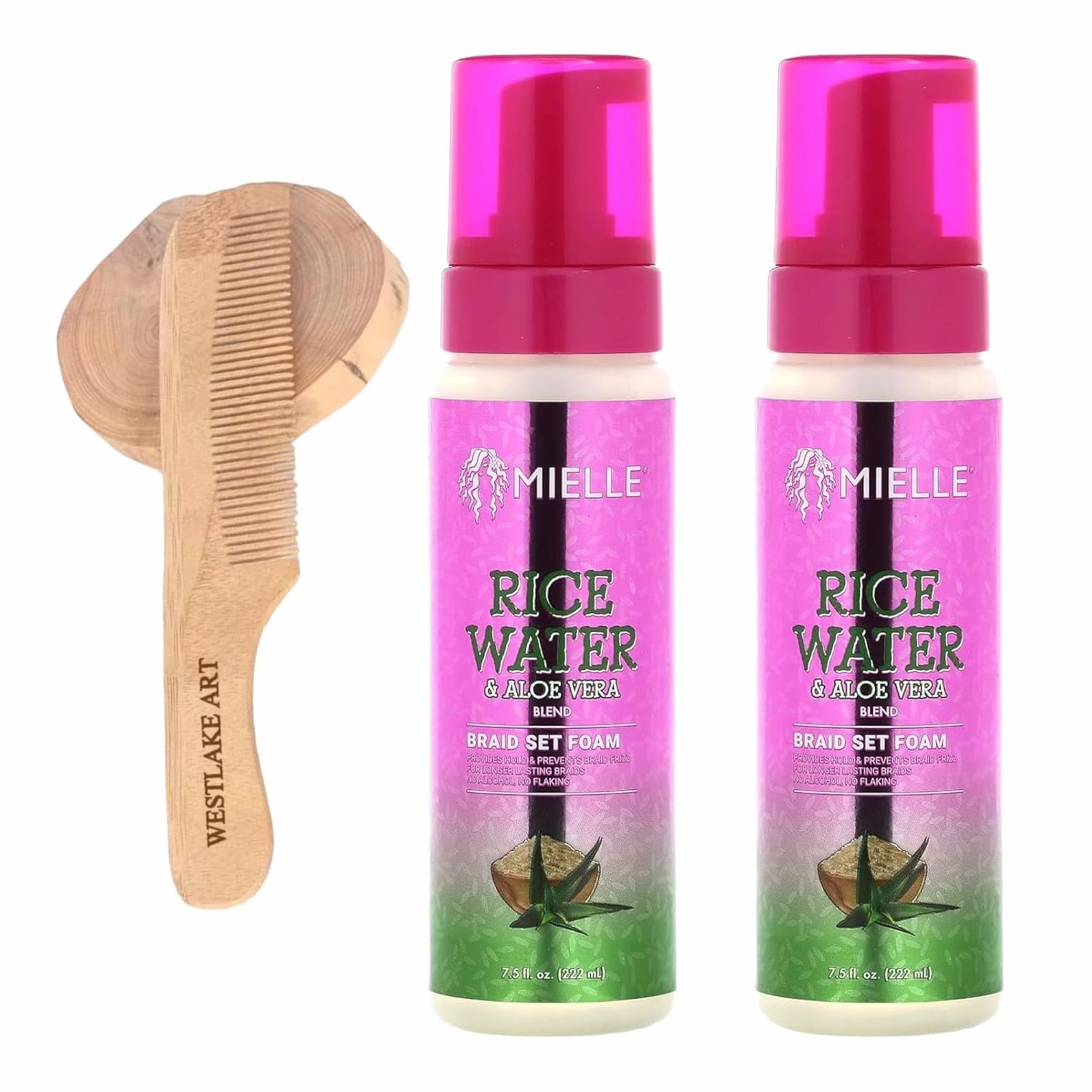 Rice Water & Aloe Vera Braid Set Foam, 8 Fl Oz - Hydrates & Strengthens Hair, Lightweight, Non-Greasy Formula For Braids - Bundle Wooden Comb [Pack Of 2]