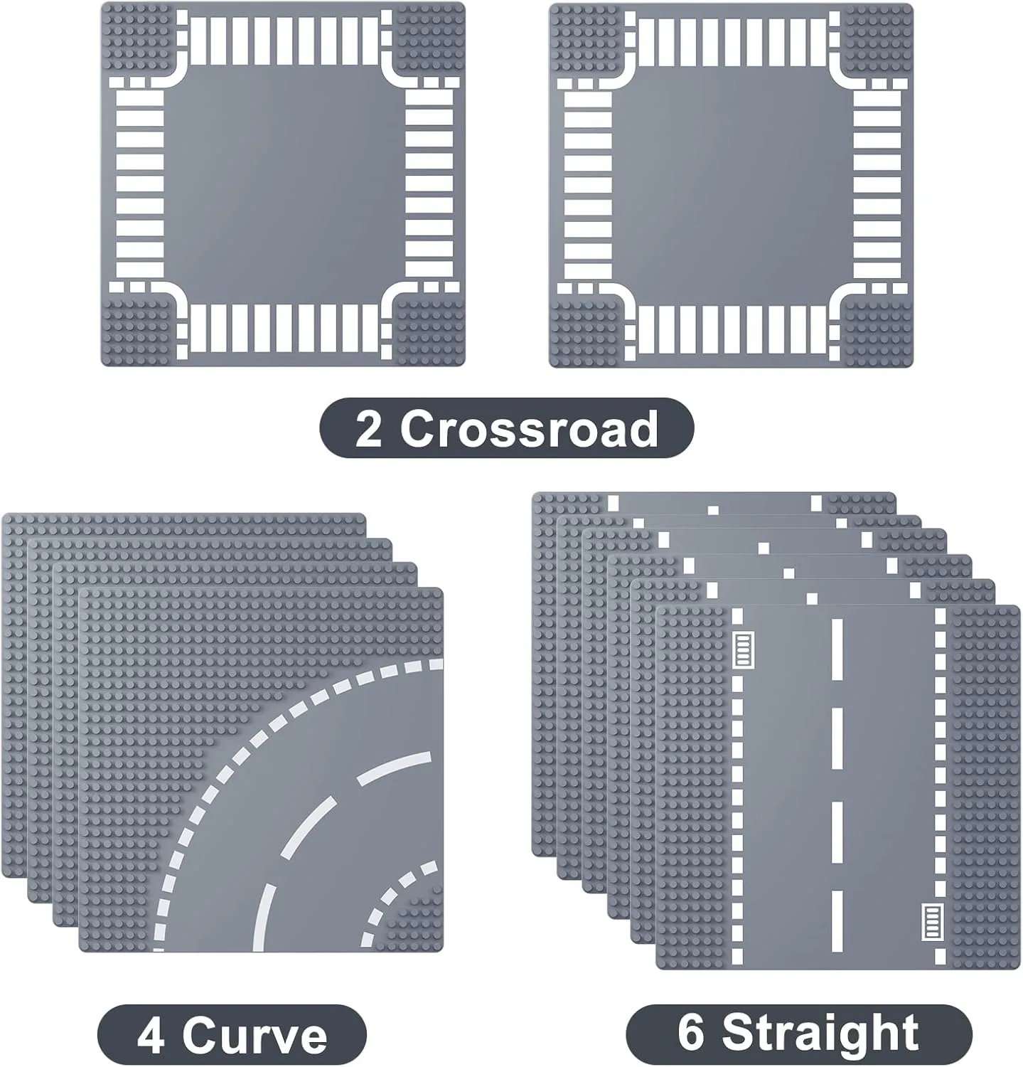 Road Base Plates for City Building Block, 12 Street Plates, 10"x10" Road Baseplates