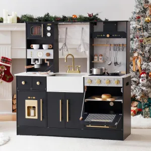 ROBOTIME Wooden Play Kitchen for Kids, Toddler Kitchen Playset with Ice Maker and Coffee Machine, Realistic Kids Play Kitchen Toy Gift for Girls & Boys Ages 3  Black