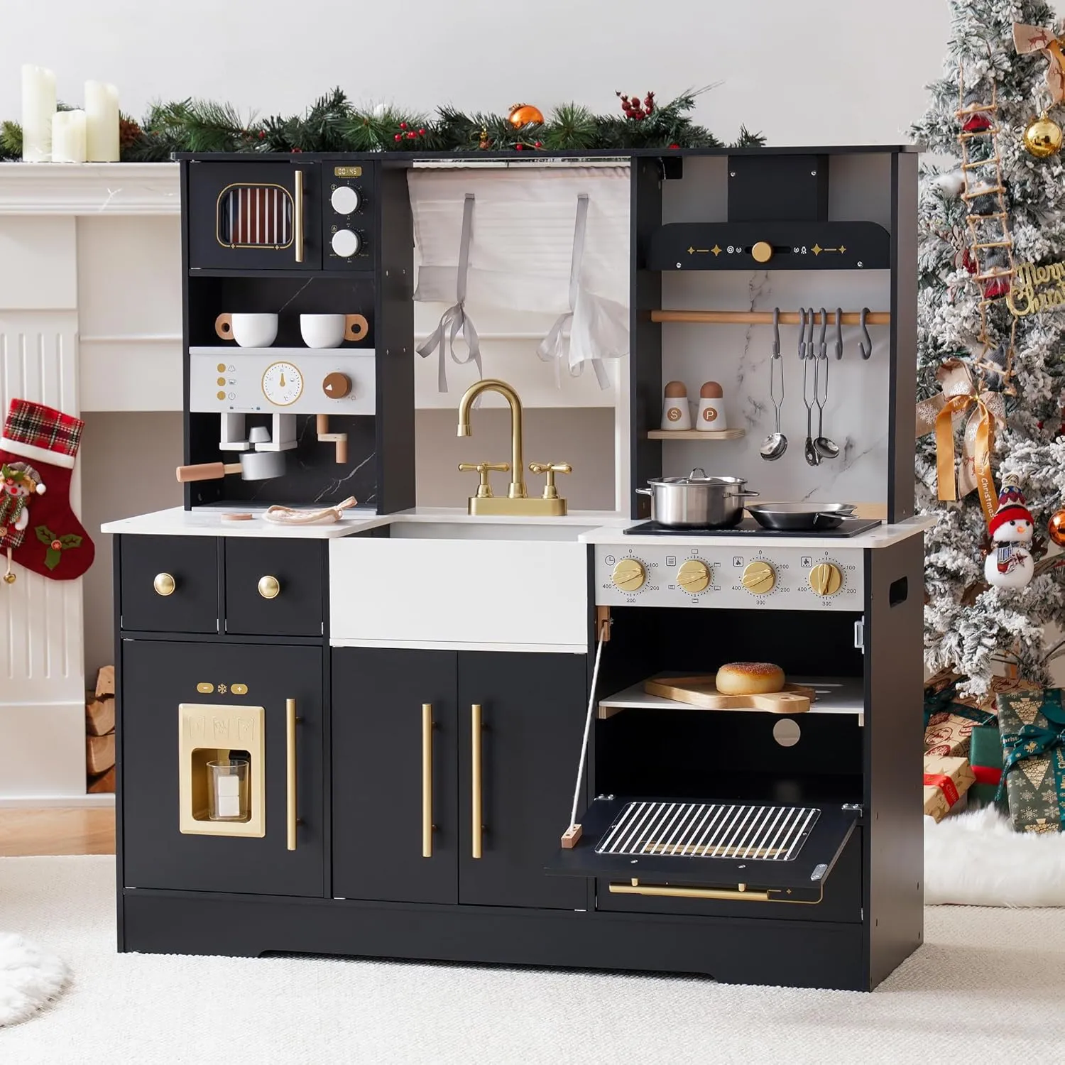 ROBOTIME Wooden Play Kitchen for Kids, Toddler Kitchen Playset with Ice Maker and Coffee Machine, Realistic Kids Play Kitchen Toy Gift for Girls & Boys Ages 3  Black