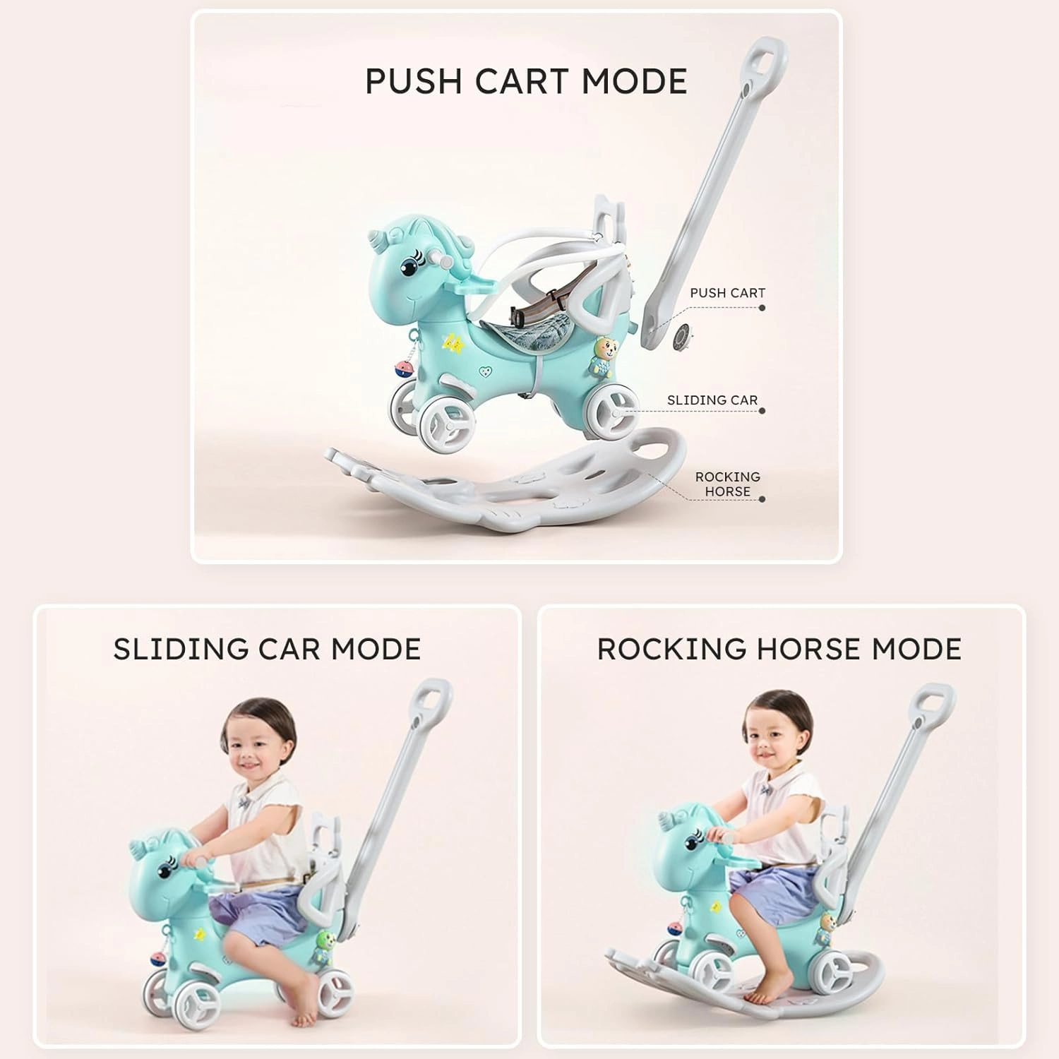 Rocking Horse for Toddlers 1-3 Years,4 in 1 Design, Kids Ride on Toy Balance Bike Push Cart with Detachable Balance Board,Fun Birthday Gifts-Blue