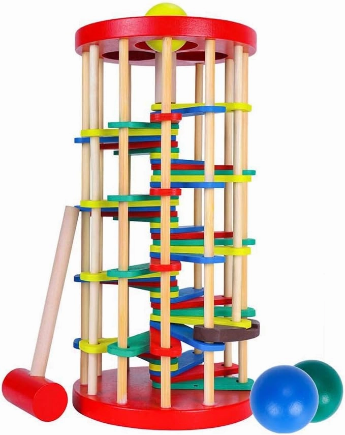ROLENUNE Wooden Ball Drop Toy Kids Pounding Bench Hammer Pound Roll Ramp Toys Children Educational Montessori Gift for 3 4 5 Years Old Babies and Toddlers