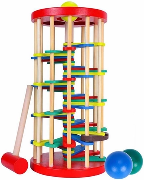 ROLENUNE Wooden Ball Drop Toy Kids Pounding Bench Hammer Pound Roll Ramp Toys Children Educational Montessori Gift for 3 4 5 Years Old Babies and Toddlers