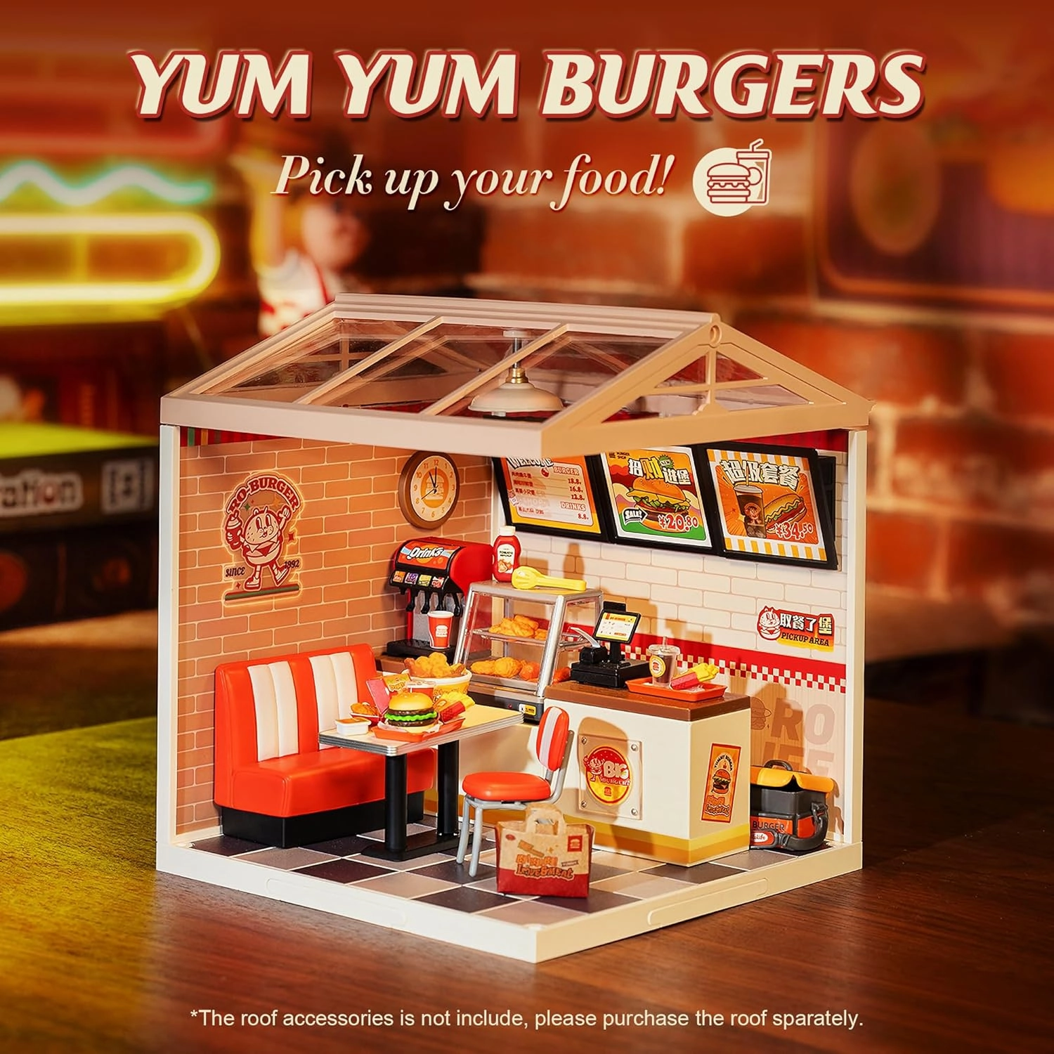 Rolife DIY Miniature Plastic House Building Set Toys Playset with LED Suitable for Mini Figures Construction Toys Diorama Kit Gifts for Teens Adults (Yum Yum Burgers)