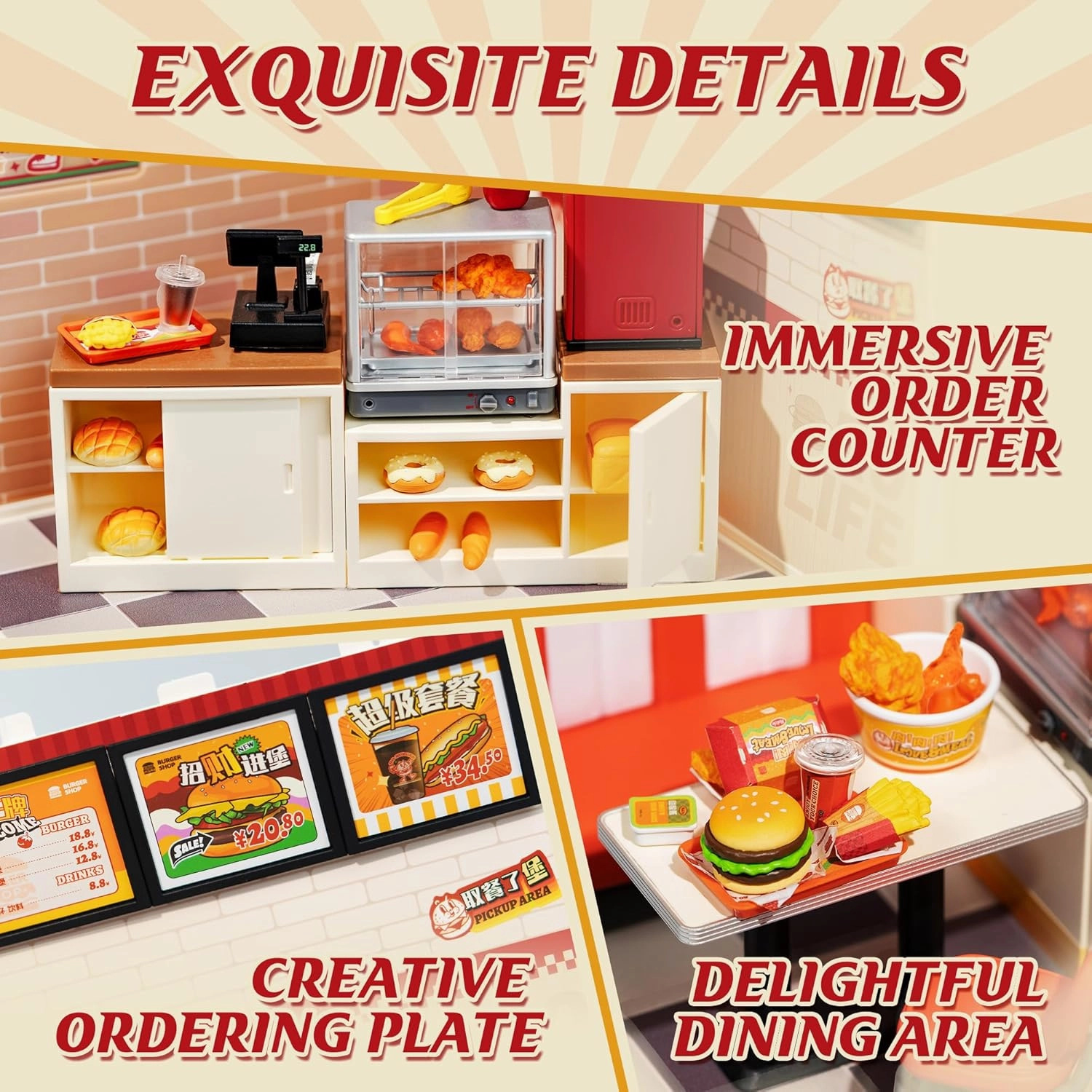 Rolife DIY Miniature Plastic House Building Set Toys Playset with LED Suitable for Mini Figures Construction Toys Diorama Kit Gifts for Teens Adults (Yum Yum Burgers)