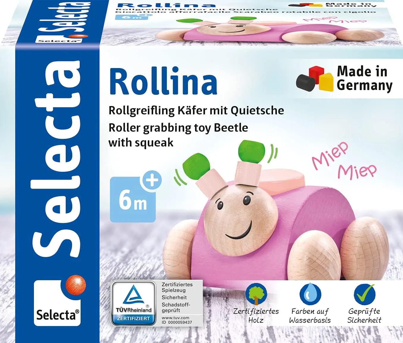 Rollina 61072 Pink Wooden Grasping Toy with Squeaker 7.5 cm