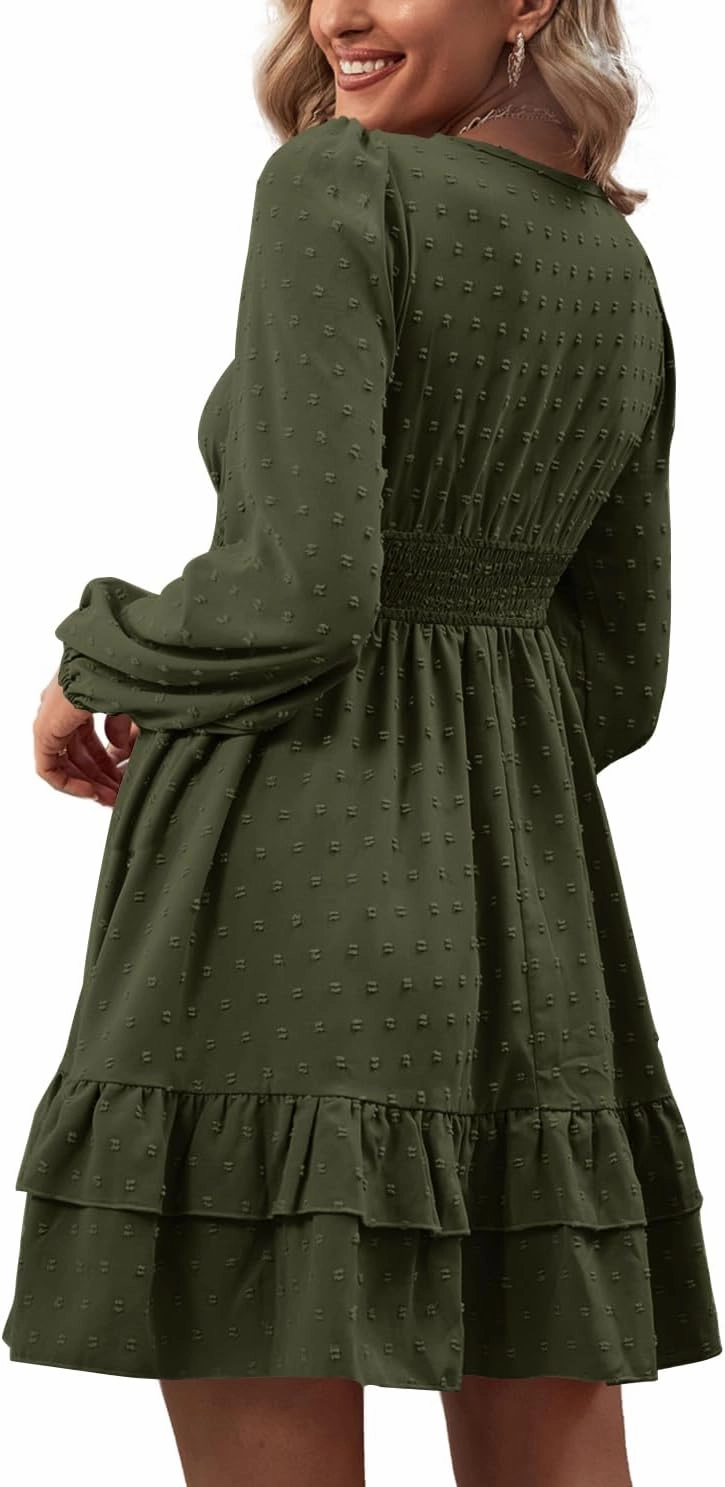 Rooscier Women's Wrap V Neck Swing Ruffle Swiss Dots Long Sleeve Mini Dress
