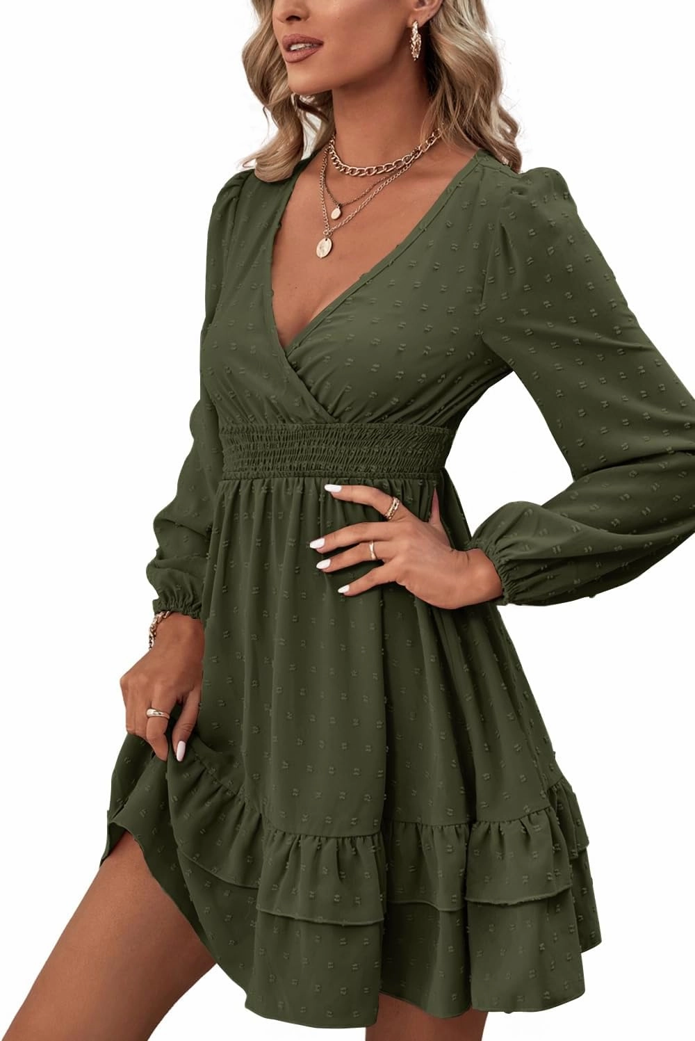 Rooscier Women's Wrap V Neck Swing Ruffle Swiss Dots Long Sleeve Mini Dress