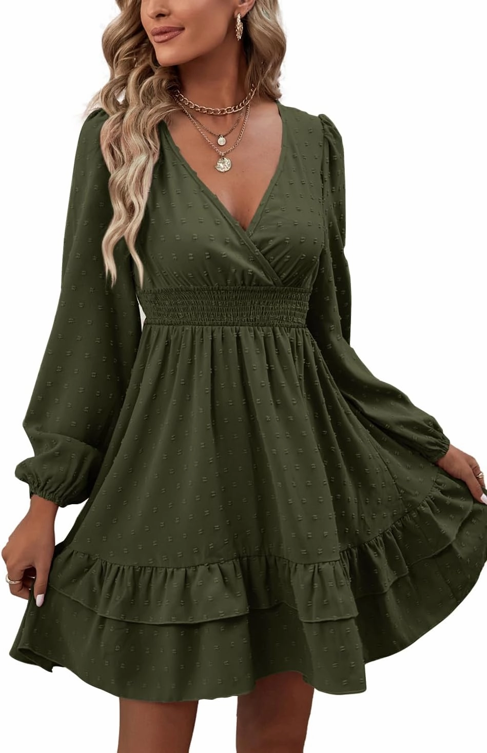 Rooscier Women's Wrap V Neck Swing Ruffle Swiss Dots Long Sleeve Mini Dress