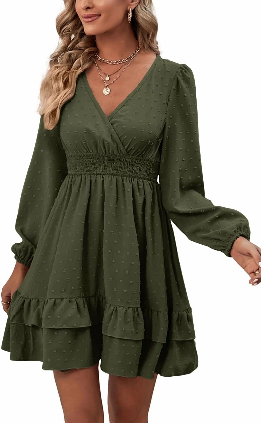 Rooscier Women's Wrap V Neck Swing Ruffle Swiss Dots Long Sleeve Mini Dress
