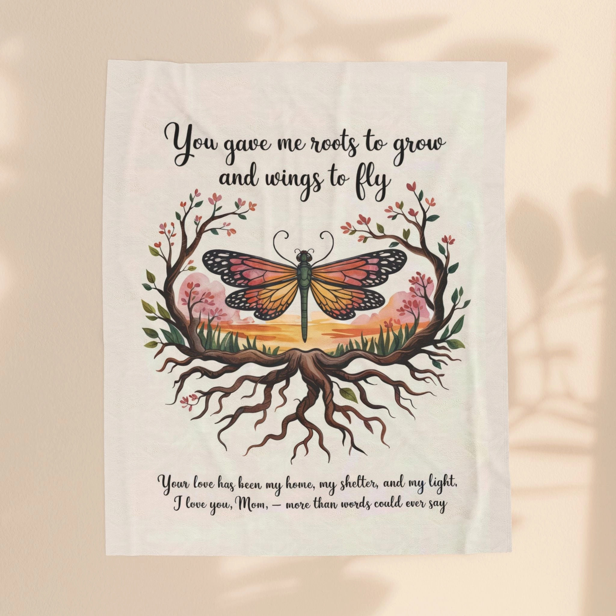 Roots to Grow, Wings to Fly – Velveteen Plush Blanket - Perfect Gift for Mom