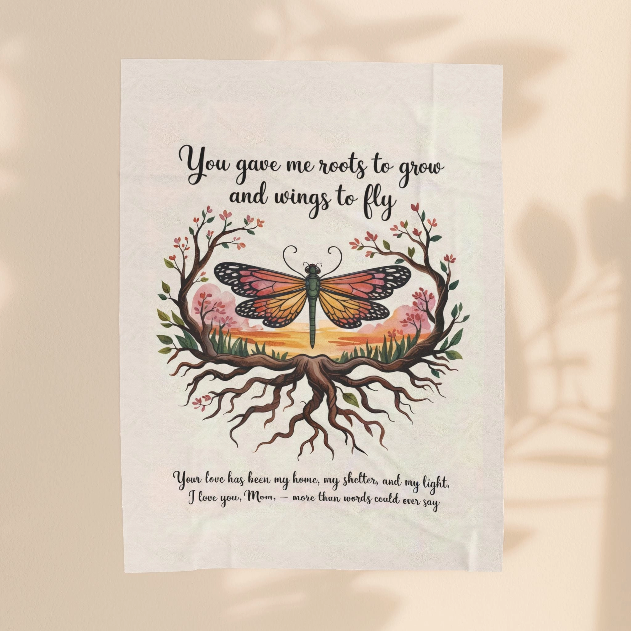 Roots to Grow, Wings to Fly – Velveteen Plush Blanket - Perfect Gift for Mom