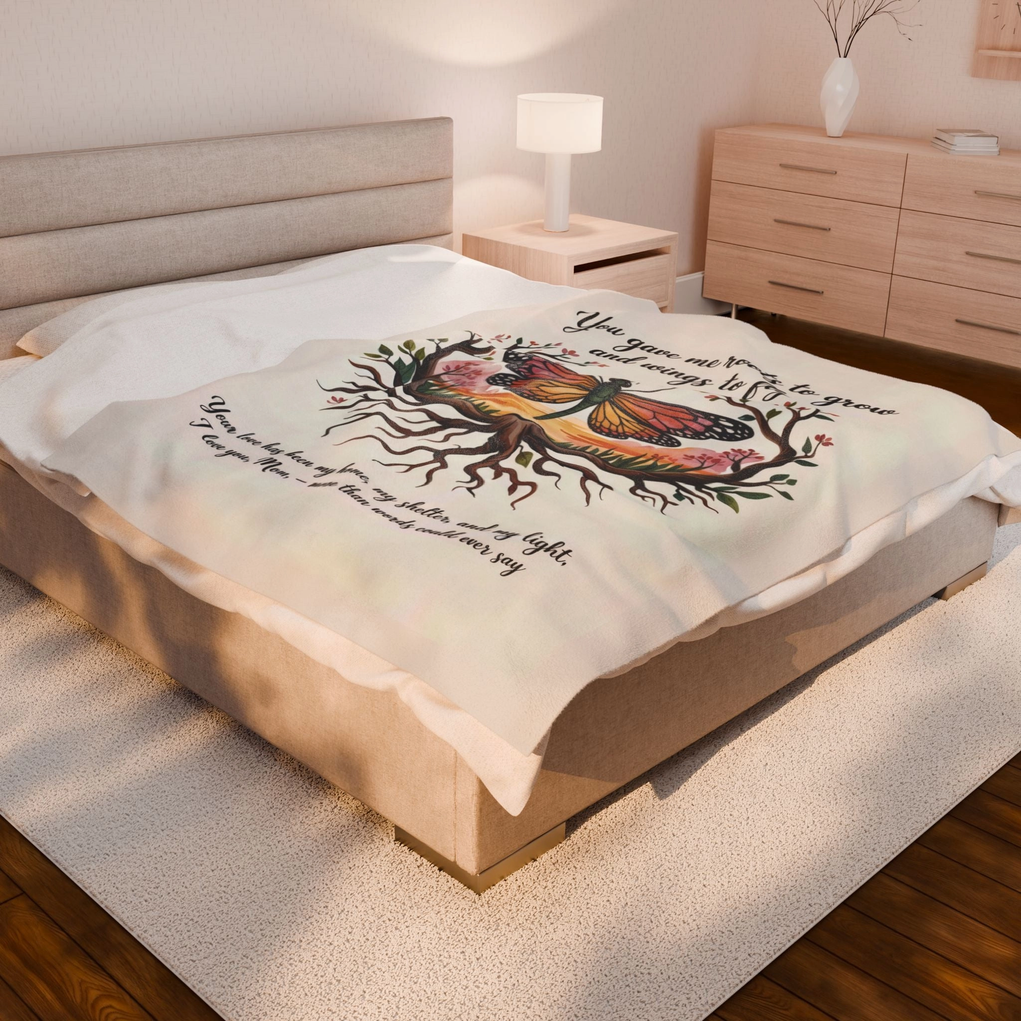 Roots to Grow, Wings to Fly – Velveteen Plush Blanket - Perfect Gift for Mom