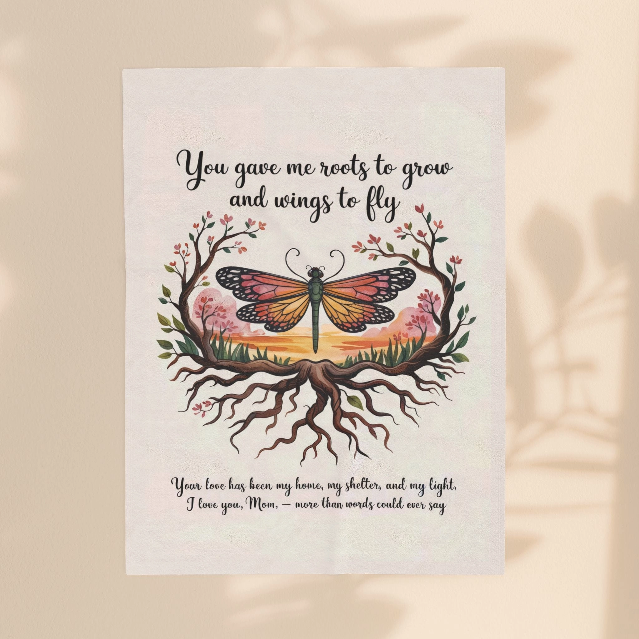 Roots to Grow, Wings to Fly – Velveteen Plush Blanket - Perfect Gift for Mom
