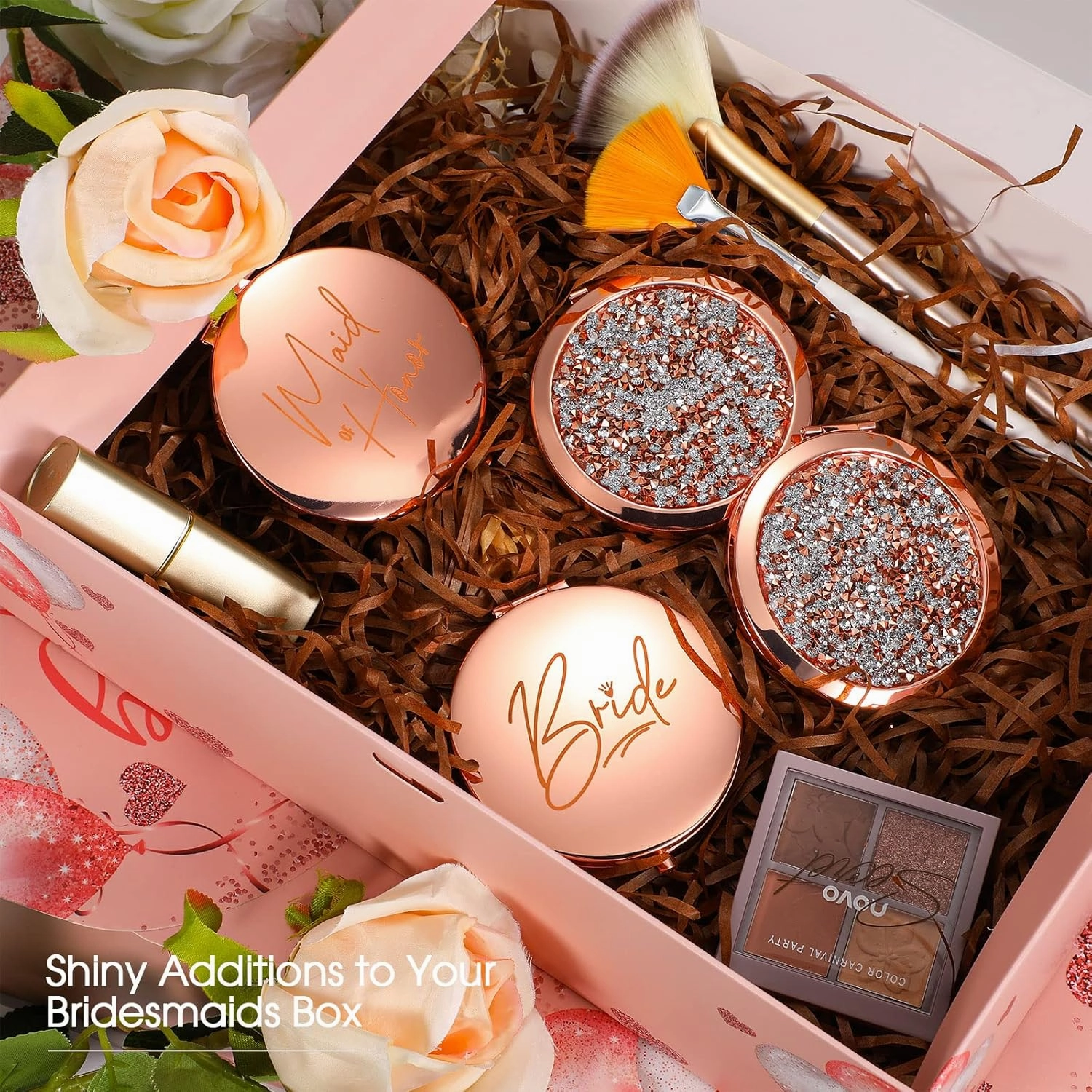 Roowest 8 Pcs Bridesmaid Compact Mirrors Bulk Magnifying Makeup Bridesmaid Gifts Set Double Sided for Purse Pocket for Bridal Shower Thank You Gifts Women Wedding Party Favors(Rose Gold)