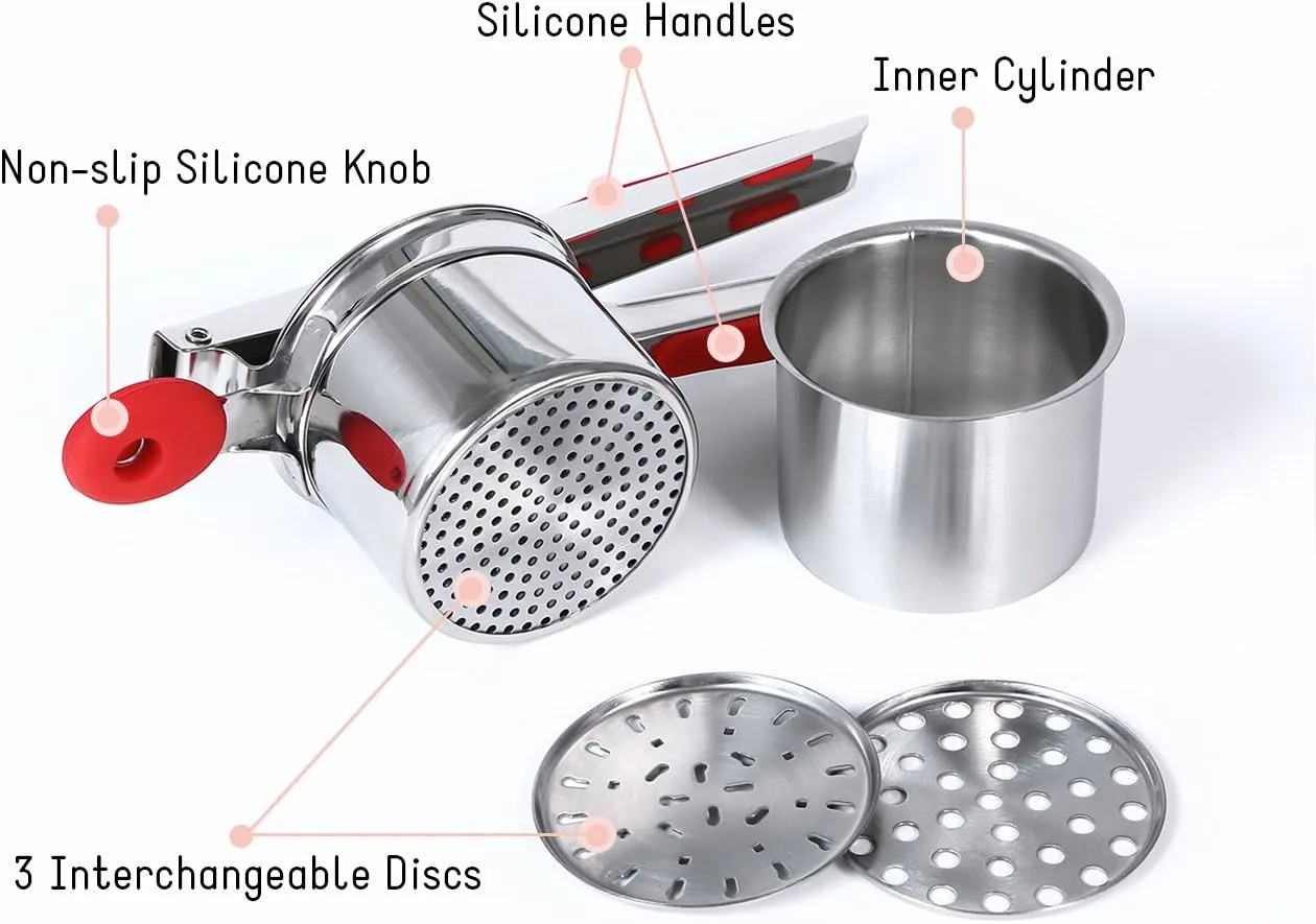 Rorence Stainless Steel Potato Ricer: 15 Oz Potato Masher with 3 Interchangeable Discs & Inner Cup & Silicone Grip Handles - Red