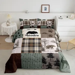 Rustic Farmhouse Kids Comforter Set Twin Size,Deer Antlers Bear Animal Paws Plaids Patchwork Bedding Set for Boys Girls Room Decor,Pine Trees Arrows Down Comforter,Xmas Duvet Insert,1 Pillowcase