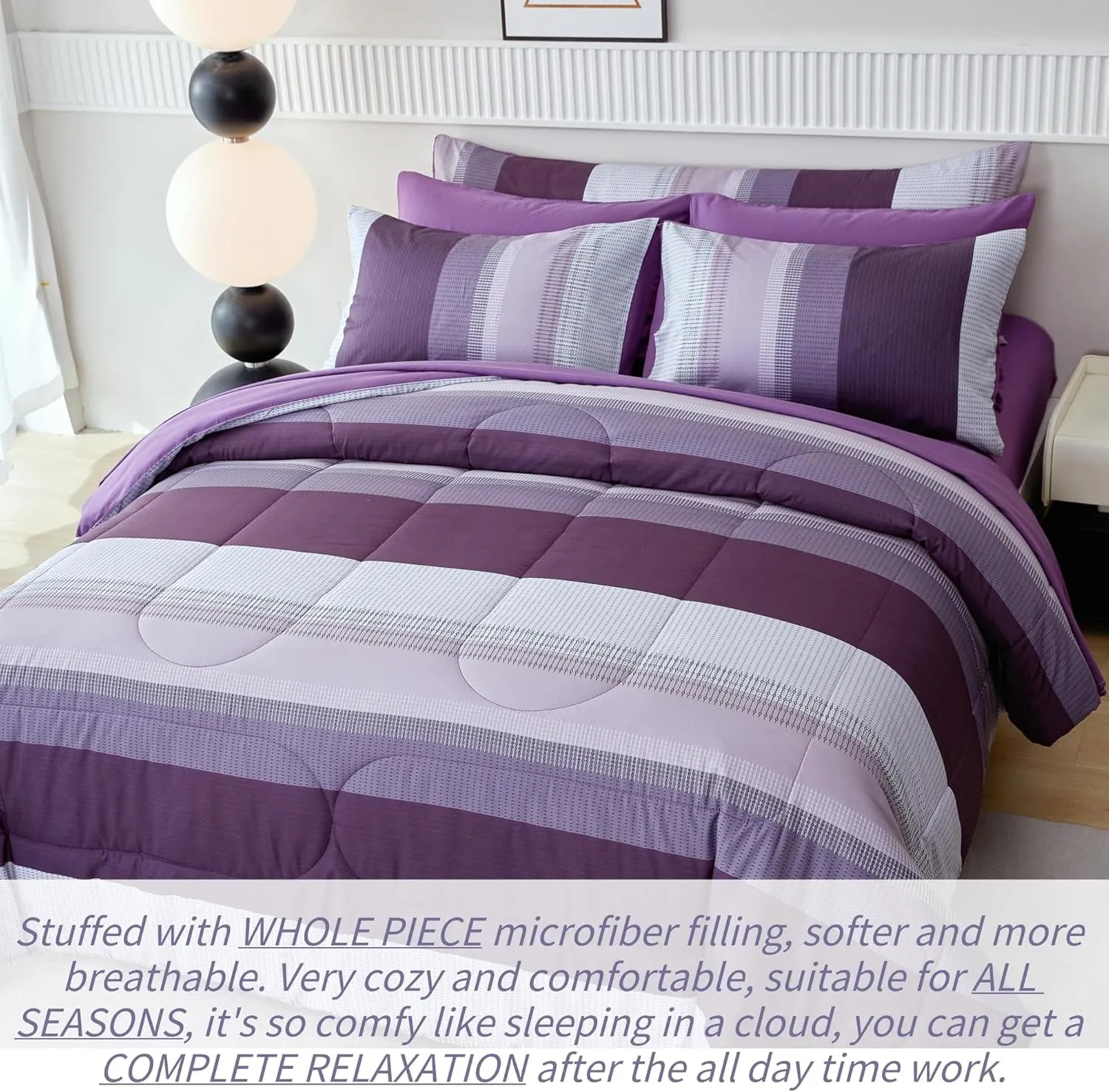 RYNGHIPY Purple Striped Bed in a Bag Full Size, Lightweight Soft Down Alternative Comforter Set for Men and Boys,8 Pieces Comforter Bedding Set with Sheets Pillowcases (Full,Purple Grey)