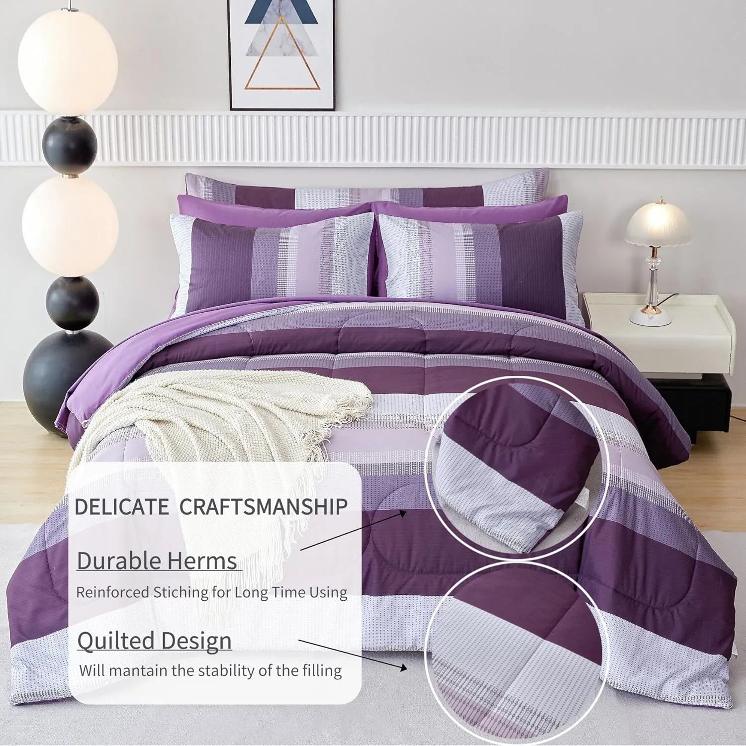 RYNGHIPY Purple Striped Bed in a Bag Full Size, Lightweight Soft Down Alternative Comforter Set for Men and Boys,8 Pieces Comforter Bedding Set with Sheets Pillowcases (Full,Purple Grey)