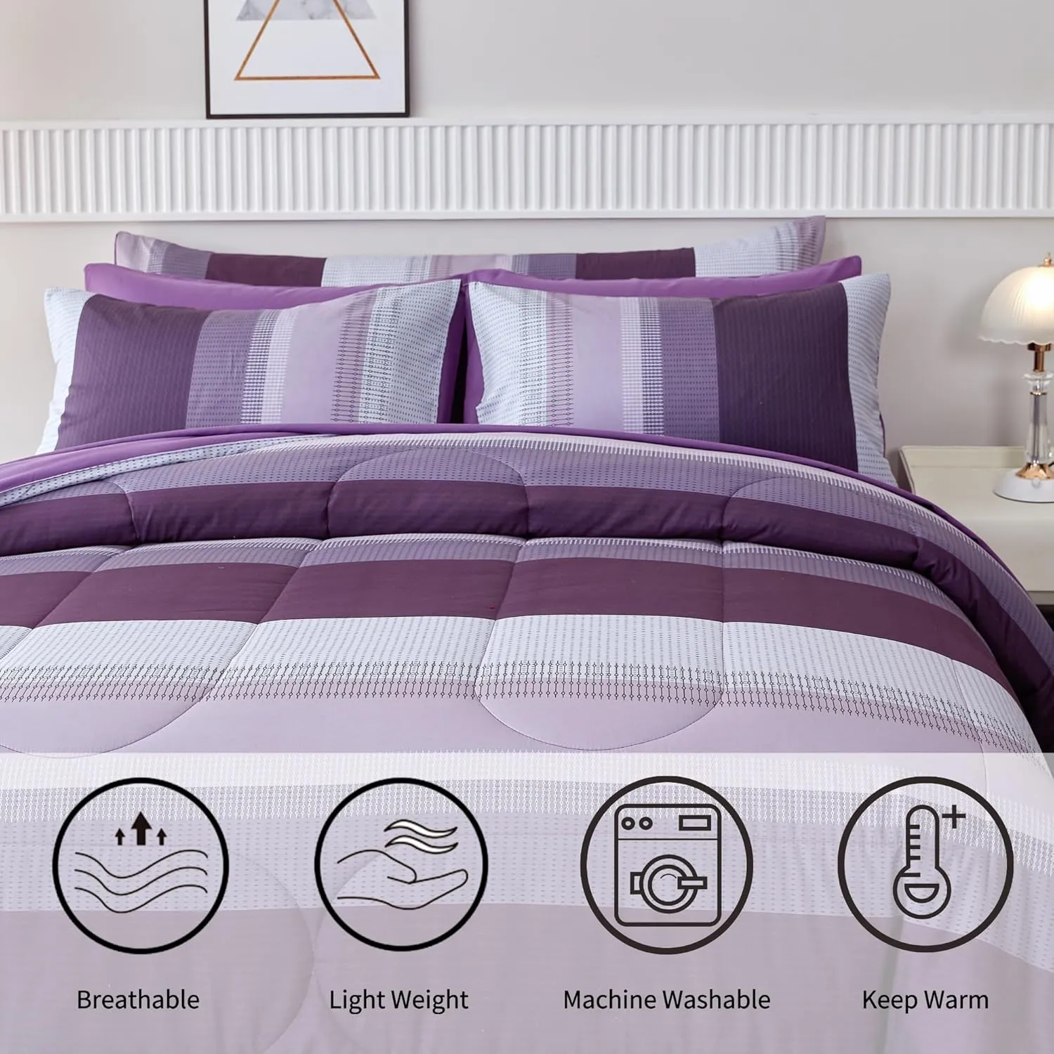RYNGHIPY Purple Striped Bed in a Bag Full Size, Lightweight Soft Down Alternative Comforter Set for Men and Boys,8 Pieces Comforter Bedding Set with Sheets Pillowcases (Full,Purple Grey)