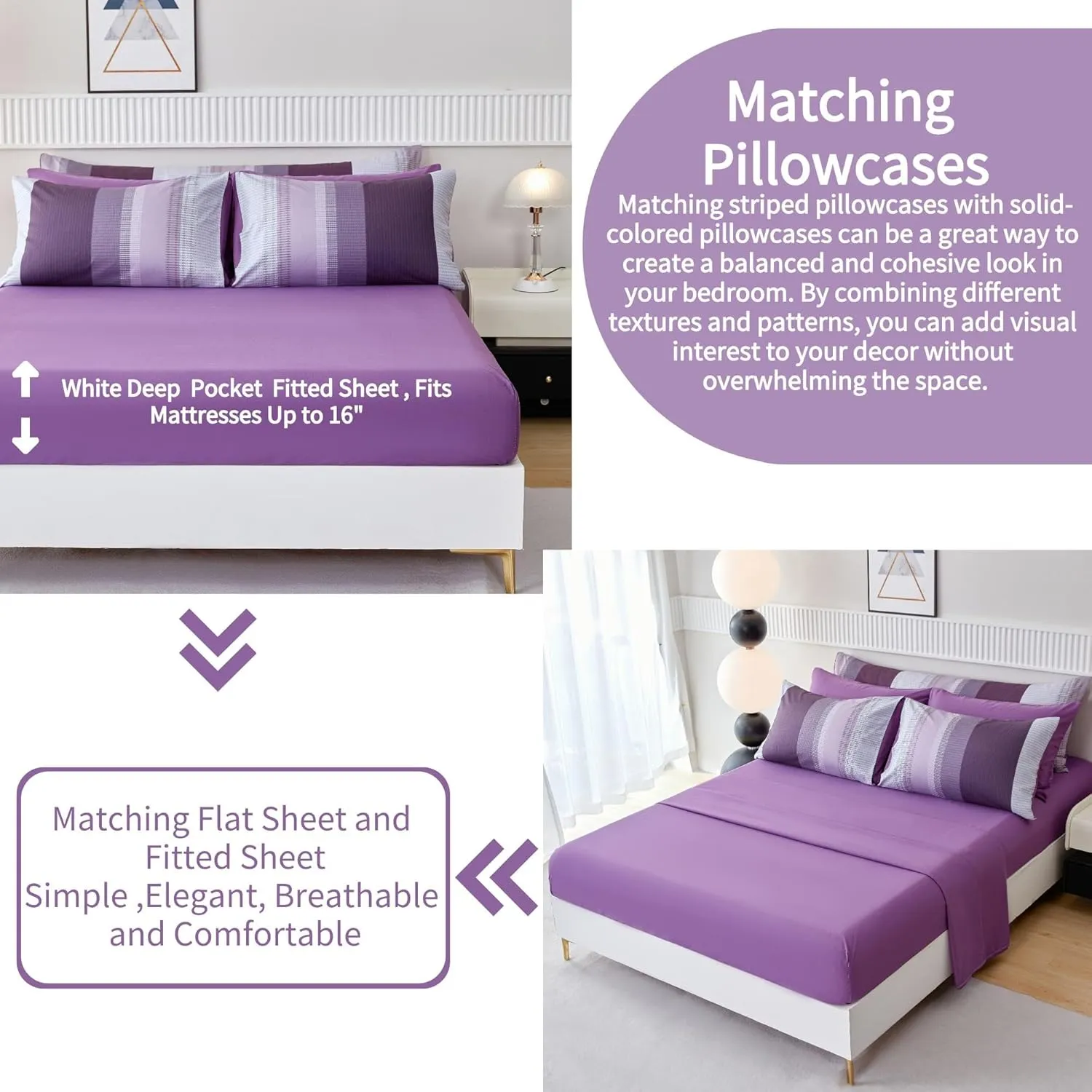RYNGHIPY Purple Striped Bed in a Bag Full Size, Lightweight Soft Down Alternative Comforter Set for Men and Boys,8 Pieces Comforter Bedding Set with Sheets Pillowcases (Full,Purple Grey)