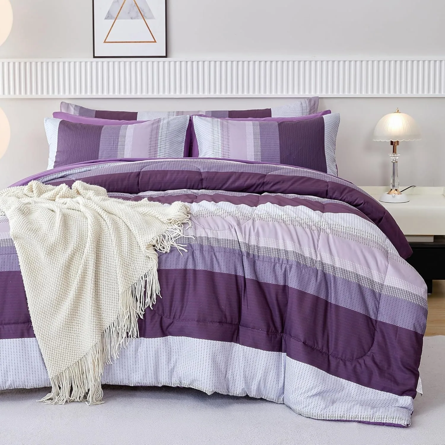 RYNGHIPY Purple Striped Bed in a Bag Full Size, Lightweight Soft Down Alternative Comforter Set for Men and Boys,8 Pieces Comforter Bedding Set with Sheets Pillowcases (Full,Purple Grey)