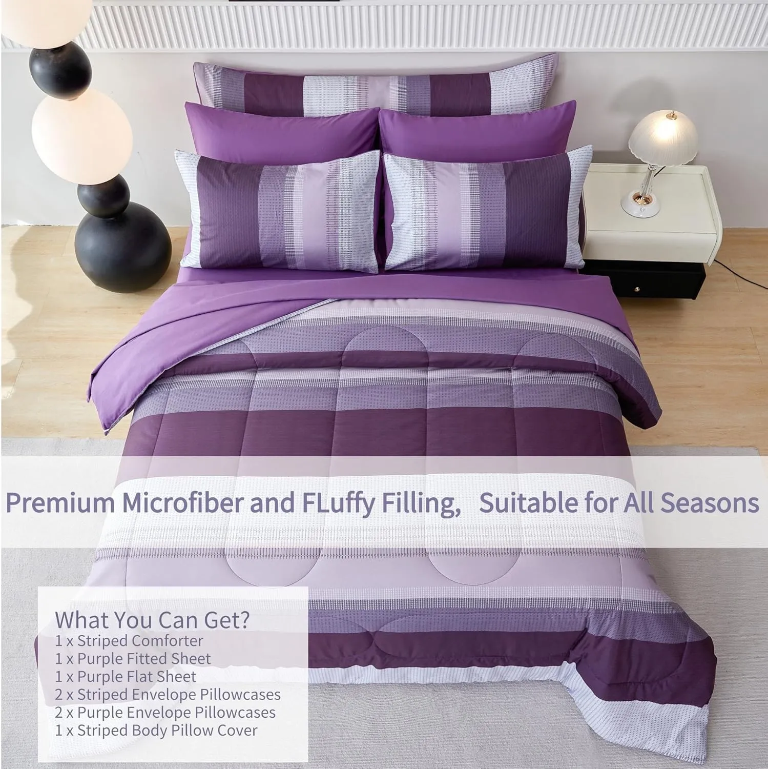 RYNGHIPY Purple Striped Bed in a Bag Full Size, Lightweight Soft Down Alternative Comforter Set for Men and Boys,8 Pieces Comforter Bedding Set with Sheets Pillowcases (Full,Purple Grey)