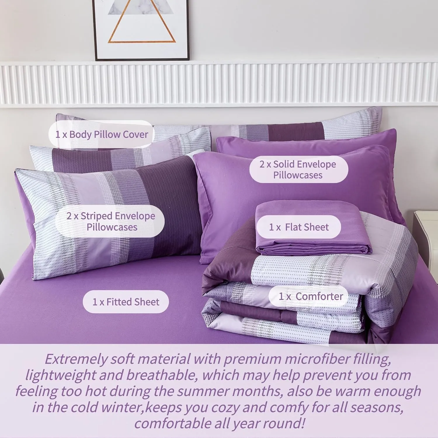 RYNGHIPY Purple Striped Bed in a Bag Full Size, Lightweight Soft Down Alternative Comforter Set for Men and Boys,8 Pieces Comforter Bedding Set with Sheets Pillowcases (Full,Purple Grey)