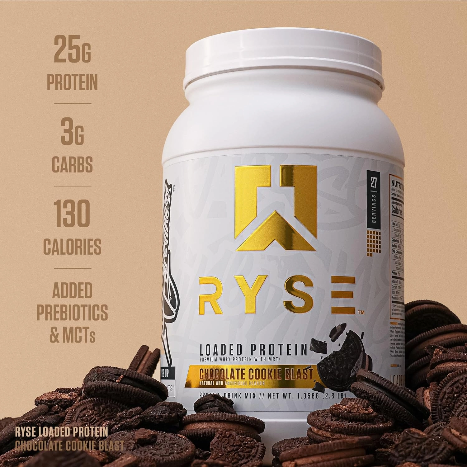 RYSE Loaded Protein Powder - Chocolate Cookie Blast - 25g Whey Protein Isolate & Concentrate with Prebiotic Fiber & MCTs - Low Carb, Low Sugar, Digestive-Friendly - 27 Servings / 2 lb Tub