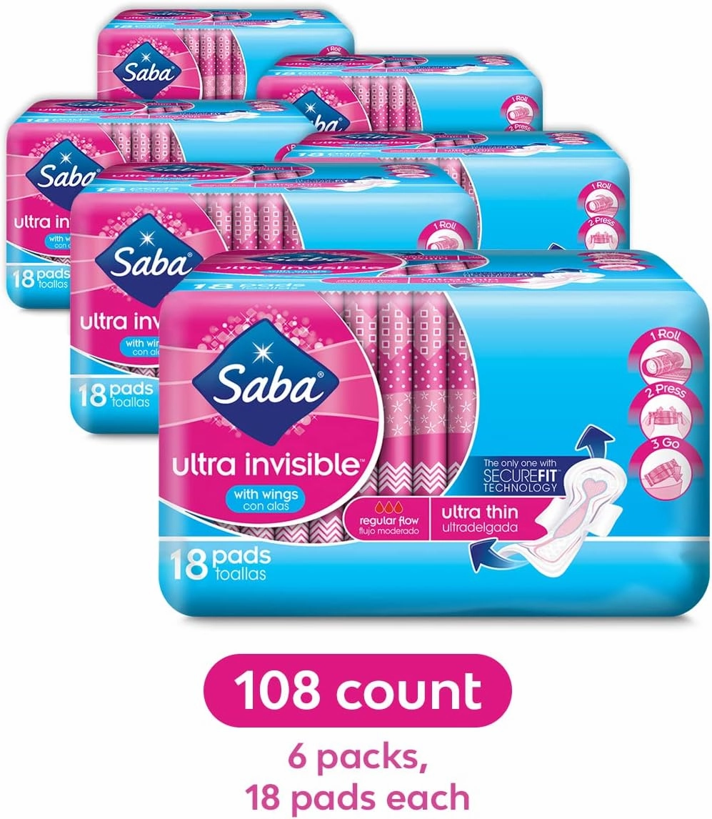 Saba Ultra Invisible Ultra Thin Regular Flow Pads with Wings and SecureFit Technology, Soft Feminine Pads for Women, Designed for Daily Feminine Care, 108 Count (6 Packs of 18)
