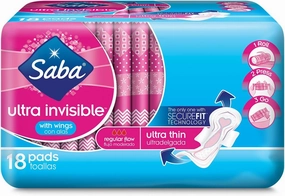 Saba Ultra Invisible Ultra Thin Regular Flow Pads with Wings and SecureFit Technology, Soft Feminine Pads for Women, Designed for Daily Feminine Care, 108 Count (6 Packs of 18)