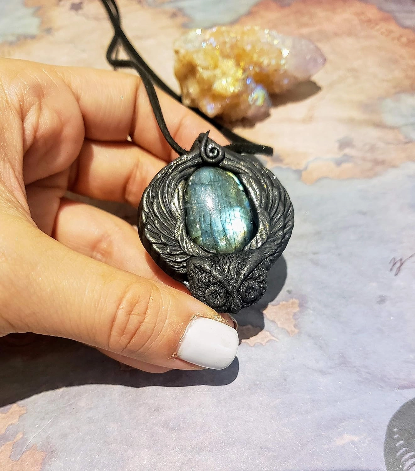 Sacred Wisdom Owl Necklace Spirit Animal Totem Pendant with Genuine Gemstones and Energy Crystals. Wise Owl Lovers Gifts for Women and Men. (Labradorite A)