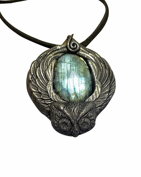 Sacred Wisdom Owl Necklace Spirit Animal Totem Pendant with Genuine Gemstones and Energy Crystals. Wise Owl Lovers Gifts for Women and Men. (Labradorite A)