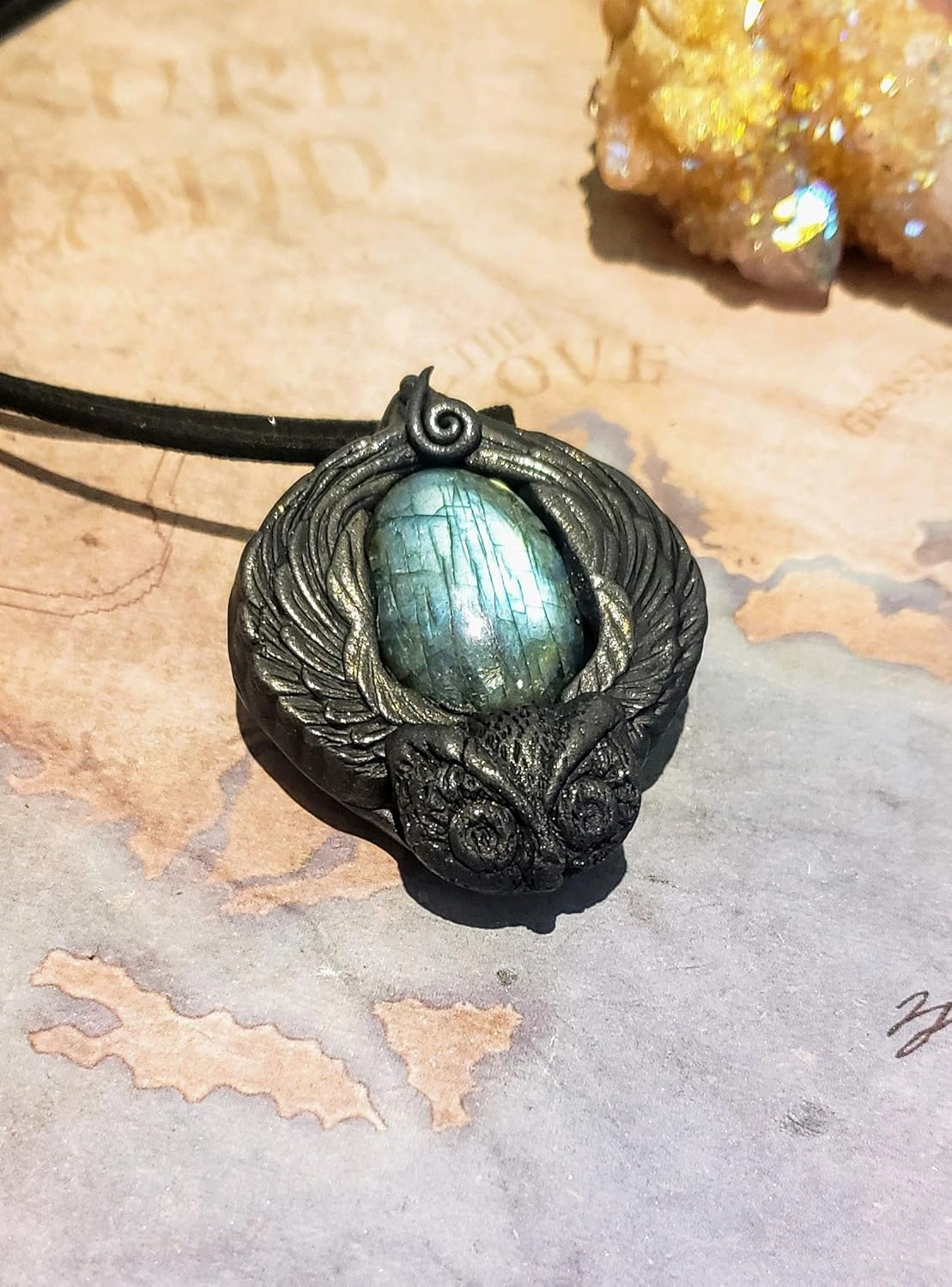 Sacred Wisdom Owl Necklace Spirit Animal Totem Pendant with Genuine Gemstones and Energy Crystals. Wise Owl Lovers Gifts for Women and Men. (Labradorite A)