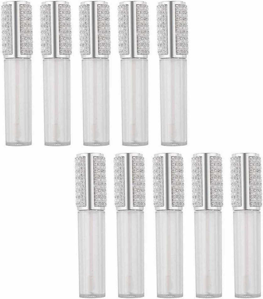 SaditY Makeup Lip Gloss 10pcs Pearl Diamond Lip Gloss Wand Tubes 5ml Bling Crystal Empty Lip Gloss Containers Clear Refillable Balm Bottles Dispenser For Travel Business Travel Container, Silver