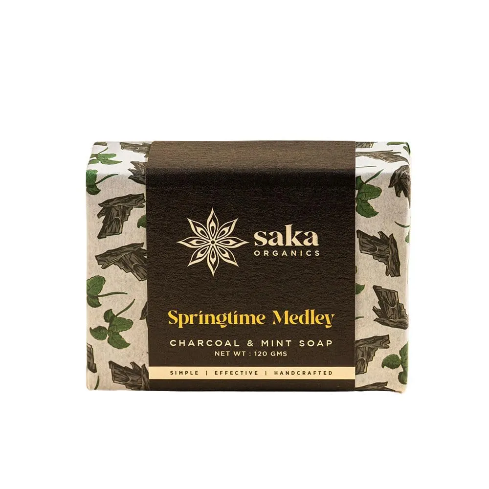 Saka Organics - Springtime Medley - Handmade Charcoal and Mint Soap with Shea Butter and Charcoal Clay | Vegan | Paraben-free & Sulphate-free | (240 gm) (Pack of 2)