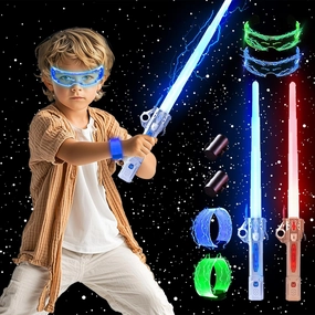 SANCO Rechargeable Light Up Sabers - Upgraded 2 Packs 7 Colors Retractable Power Swords with FX Sound, LED Glasses & Wristbands, Halloween Dress-Up Party Costumes, Birthday Gifts for Boys & Girls