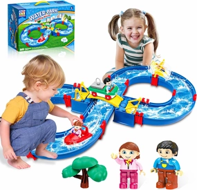 SANCO Water Table for Toddlers - Kids Water Track Playset 54PCS DIY Table Beach Toy on Backyard, Lawn, Pool - Water Toy with 4 Boats, Summer Outside Activity Funs for Toddler Boys Girls